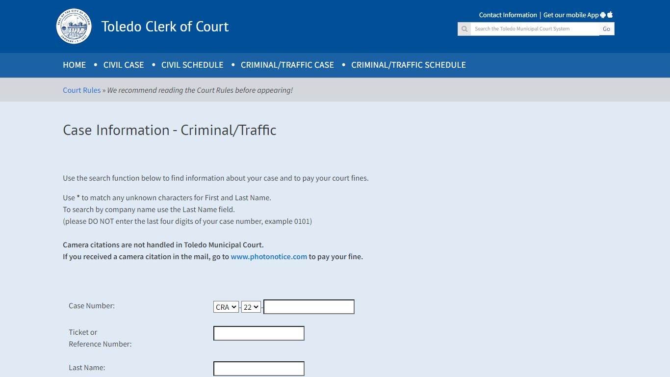 Case Information - Criminal/Traffic - Toledo Clerk of Court